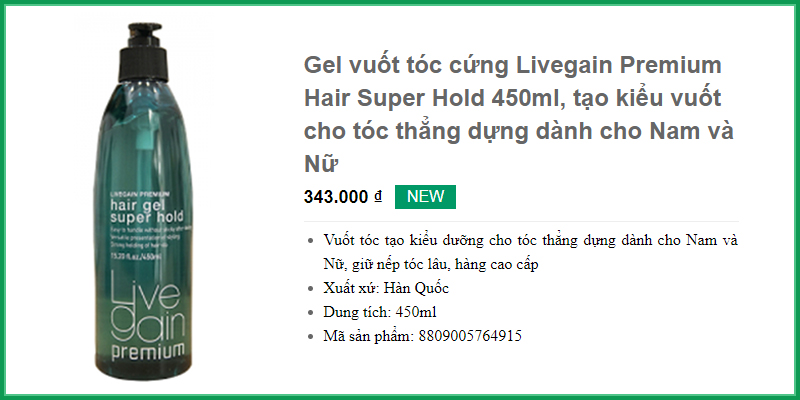 Gel vuốt tóc cứng Livegain Premium Hair Super Hold