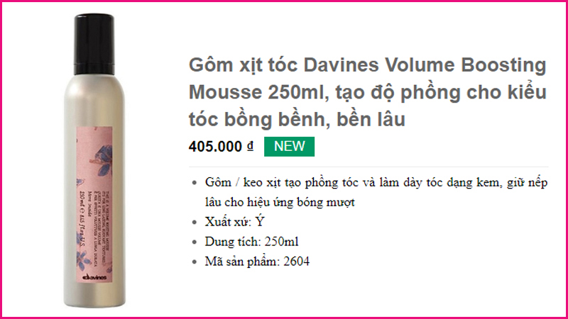 Gôm xịt tóc Davines Volume Boosting Mousse 250ml