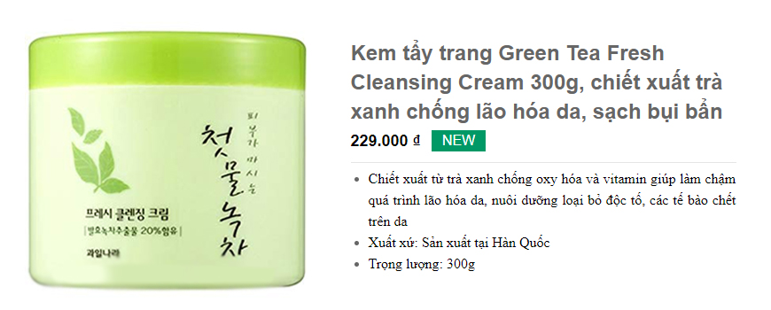 Kem tẩy trang Green Tea Fresh Cleansing Cream 300g