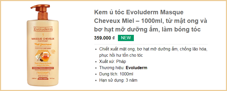 Kem ủ tóc Evoluderm Masque Cheveux Miel – 1000ml