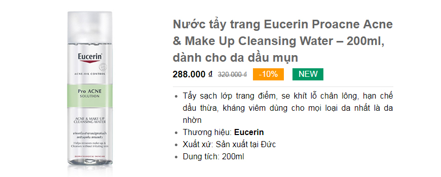Nước tẩy trang Eucerin Proacne Acne & Make Up Cleansing Water – 200ml