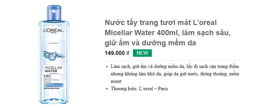 Nước tẩy trang tươi mát L’oreal Micellar Water 400ml